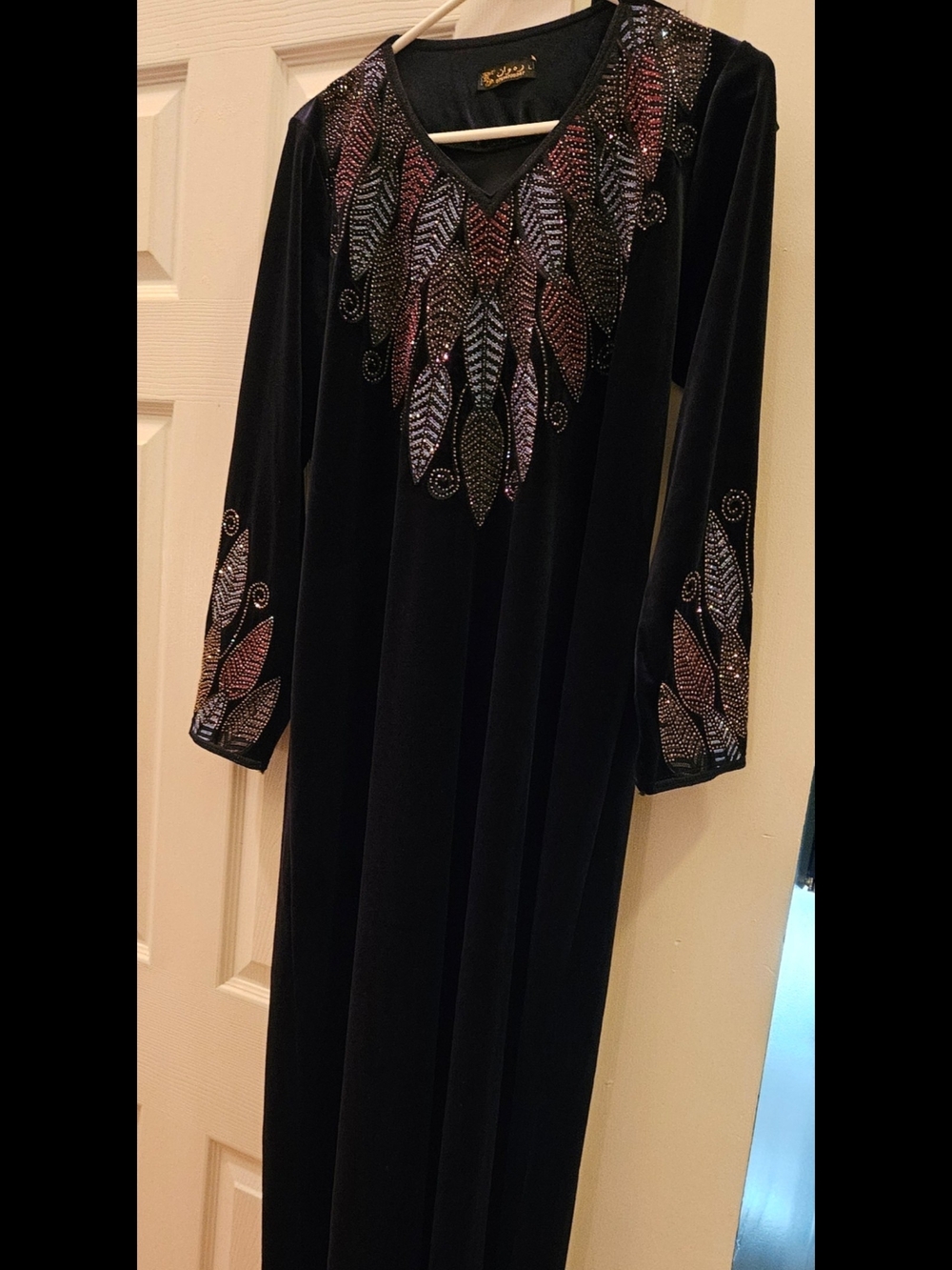 Blue Velvet Long Sleeve Embellished Maxi Dress